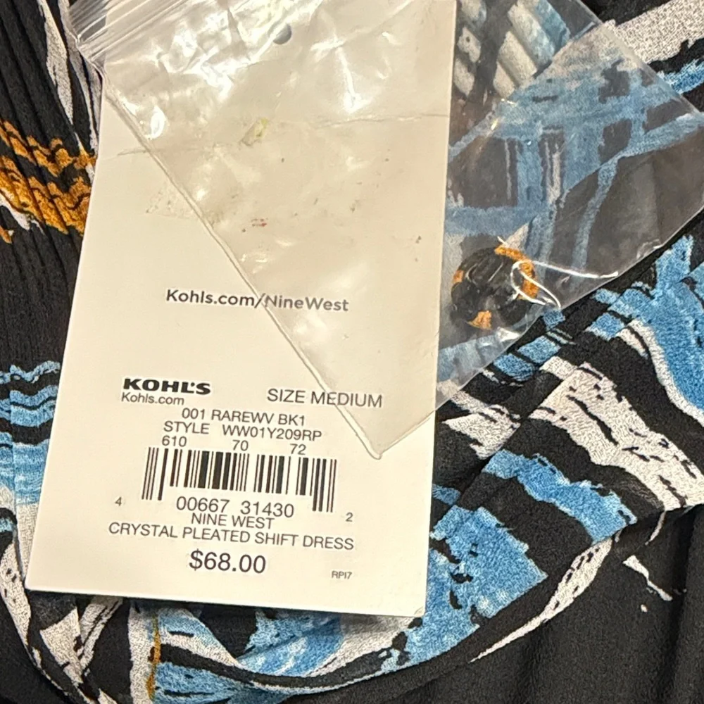 Nine West black, blue, & brown Abstract Wave Pattern long sleeve dress size M